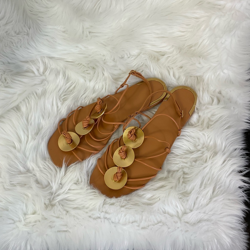 Tory Burch Camel Leather Knotted Disk Embellished Strappy Flat Sandals Size 9 - Picture 5 of 10